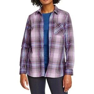 EDDIE BAUER Top Womens Size XS Purple Classic Fit Plaid Button Up Flannel
